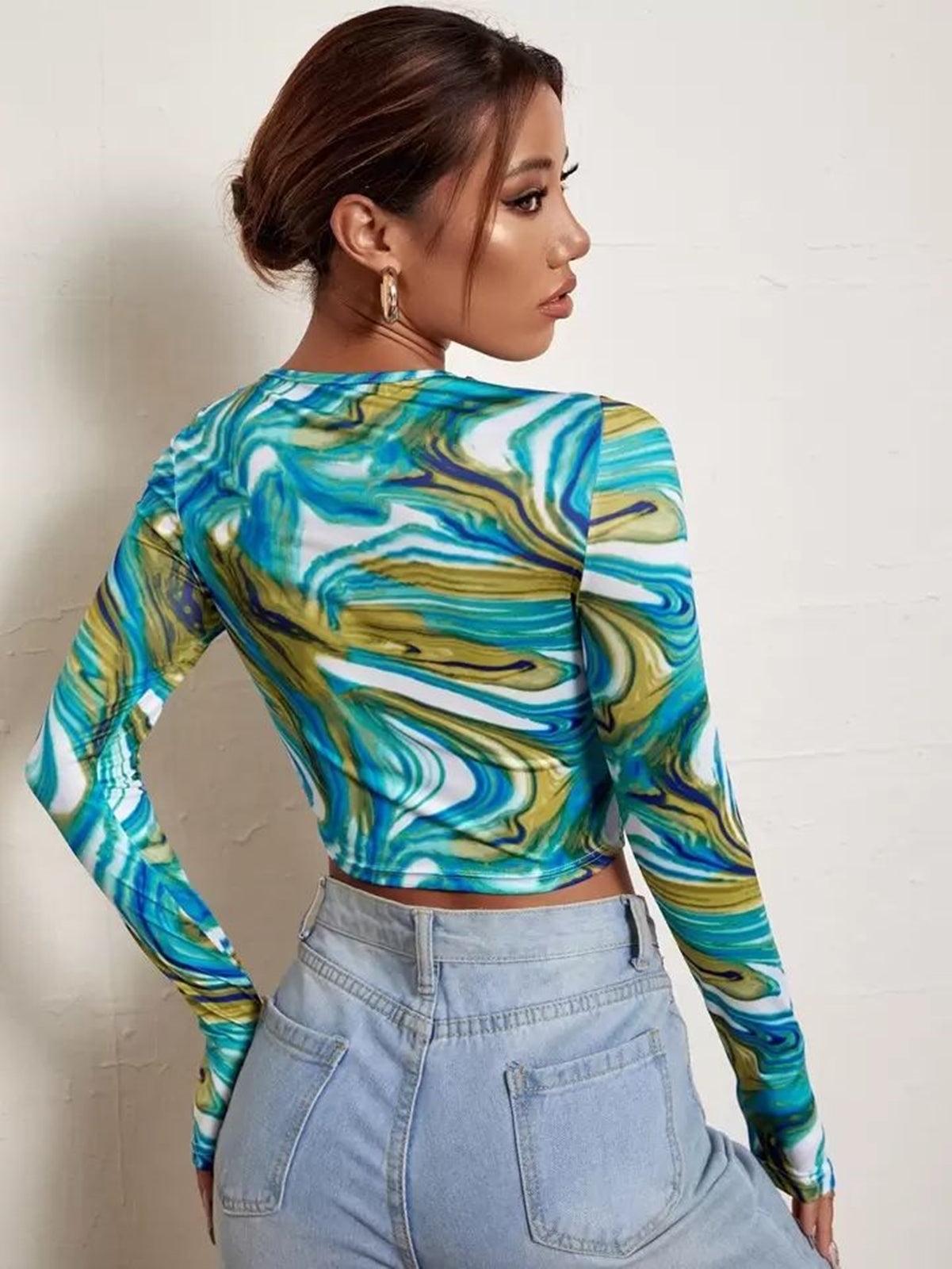 Marble printed Multicolor Full Sleeve Crop Top