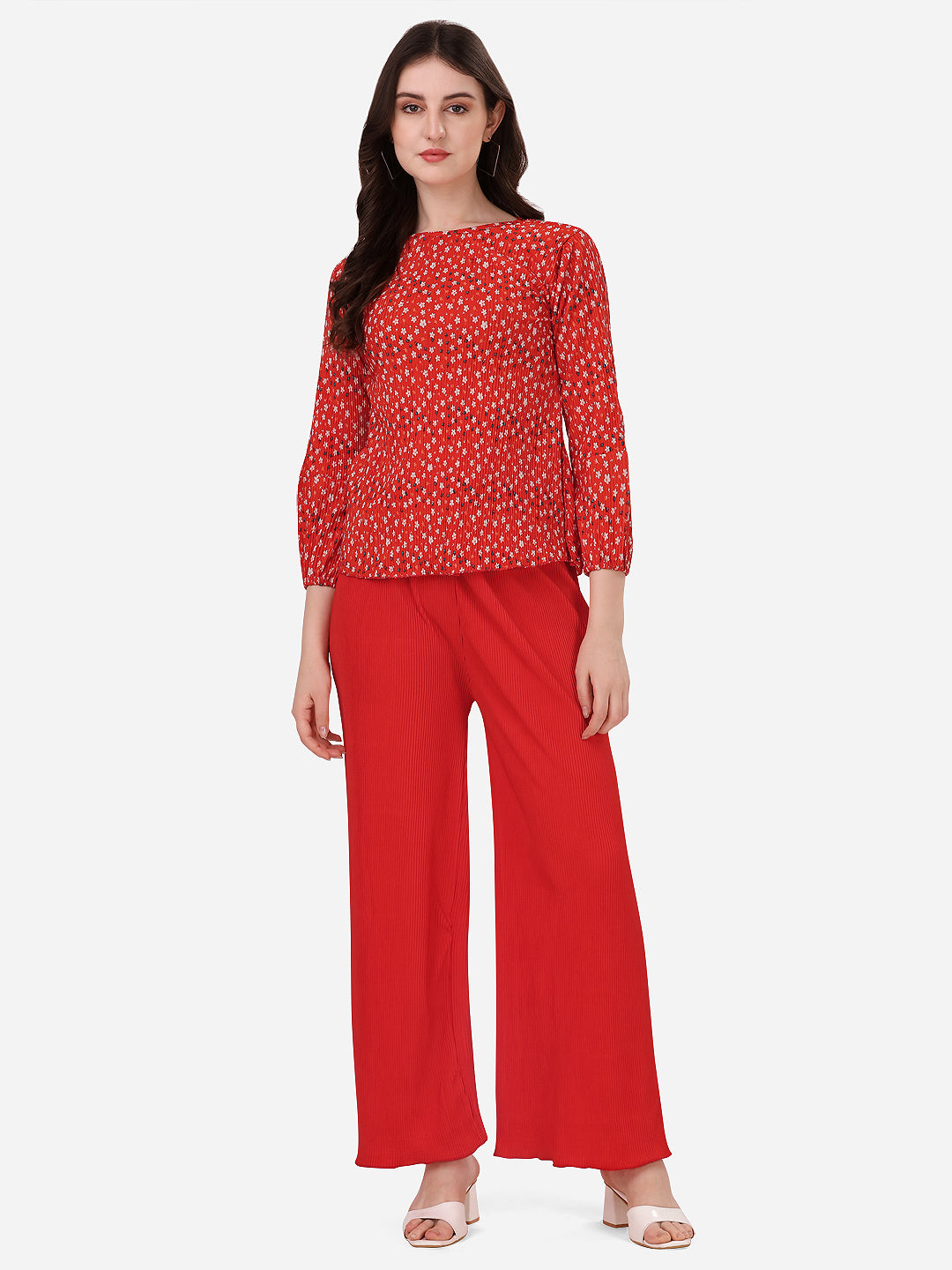 NiloBerry Dress Set for Women - Red printed Top & Pleated Palazzo - Co-Ords for women