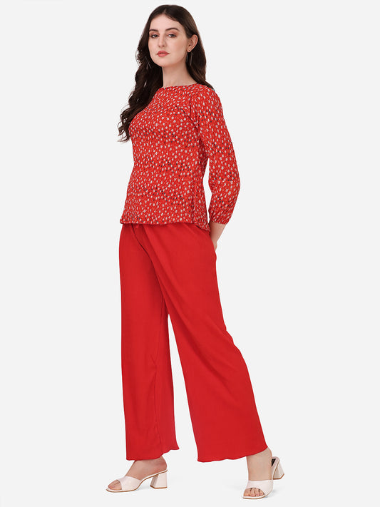 NiloBerry Dress Set for Women - Red printed Top & Pleated Palazzo - Co-Ords for women