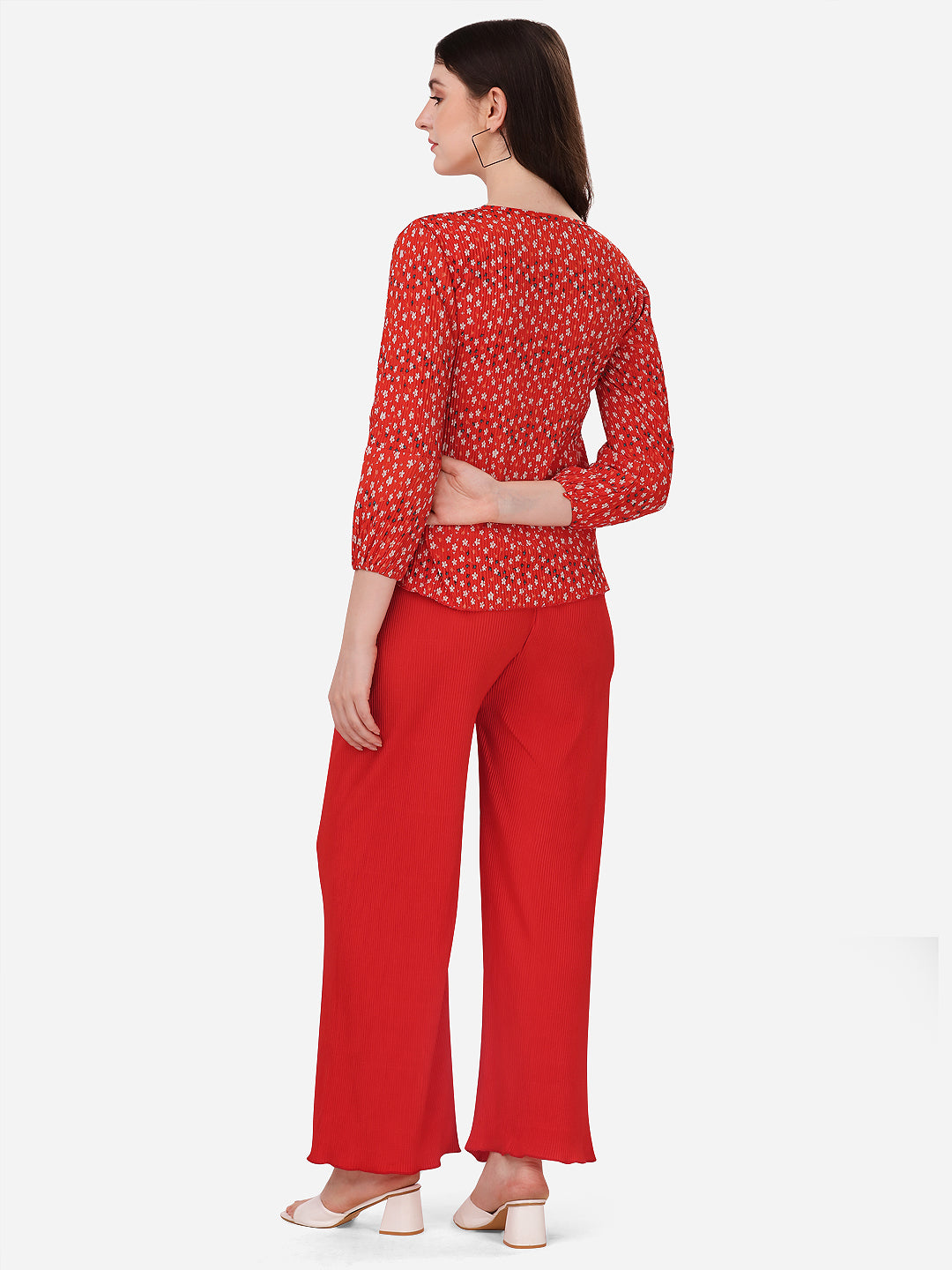 NiloBerry Dress Set for Women - Red printed Top & Pleated Palazzo - Co-Ords for women