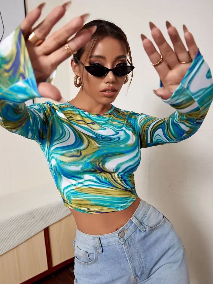 Marble printed Multicolor Full Sleeve Crop Top