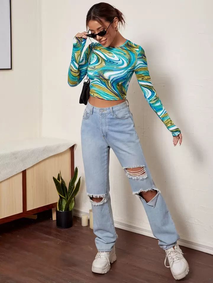 Marble printed Multicolor Full Sleeve Crop Top
