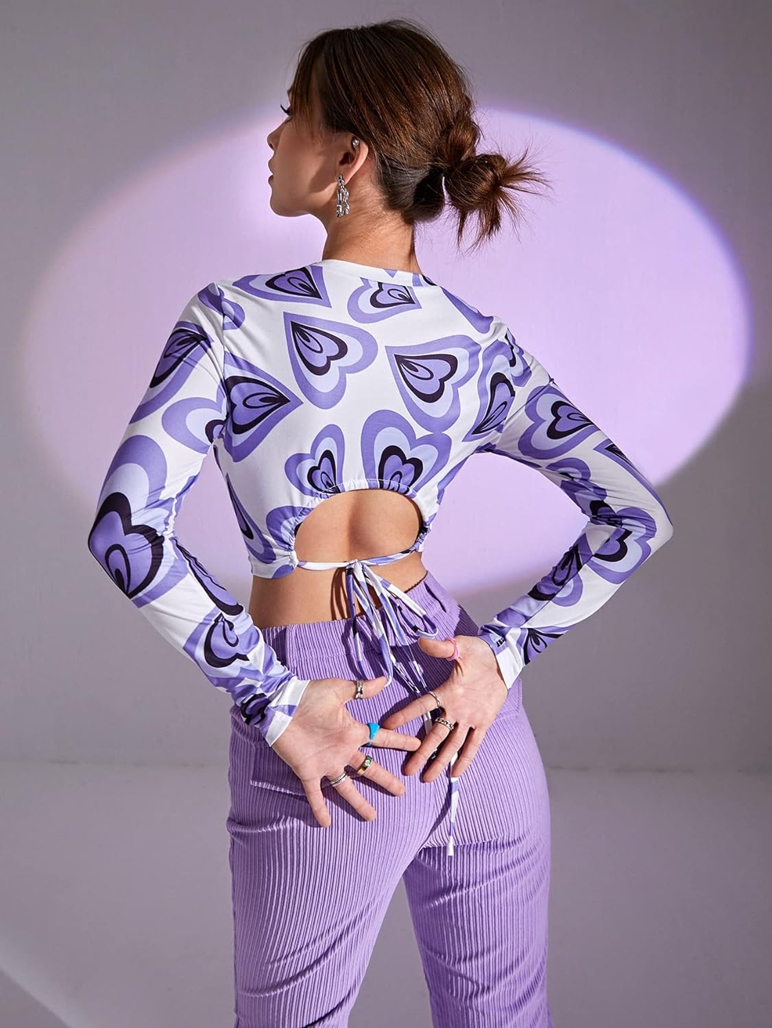 NiloBerry purple heart printed, full sleeve, crop top with back cut & tie