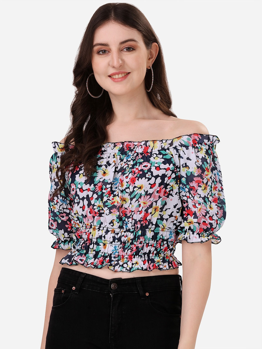 NiloBerry multicolour floral printed off shoulder smoked crop top