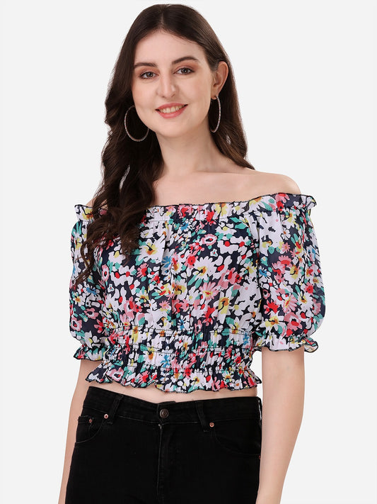 NiloBerry multicolour floral printed off shoulder smoked crop top