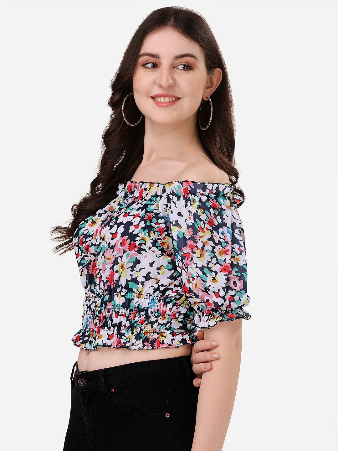 NiloBerry multicolour floral printed off shoulder smoked crop top