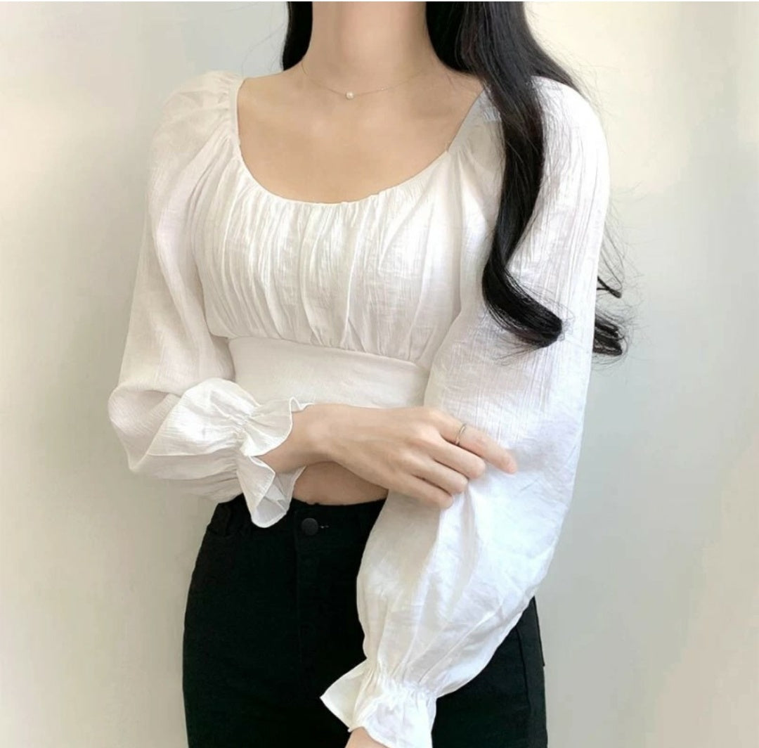 NiloBerry textured fabric, round neck, bishop sleeve Crop top