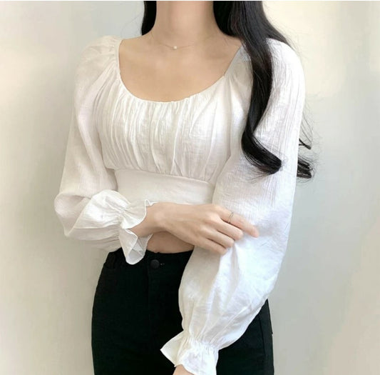 NiloBerry textured fabric, round neck, bishop sleeve Crop top