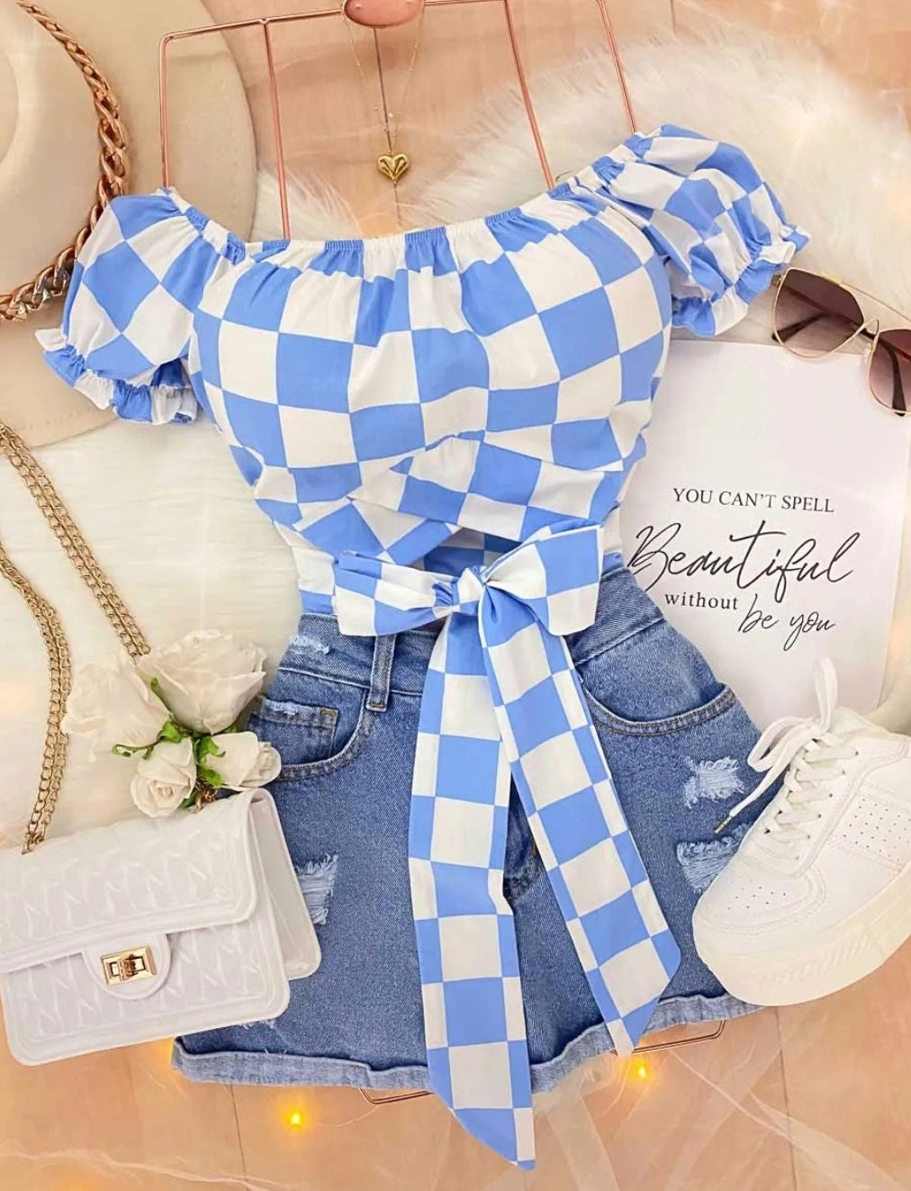 NiloBerry blue and white checks printed, back belt, off-shoulder crop top