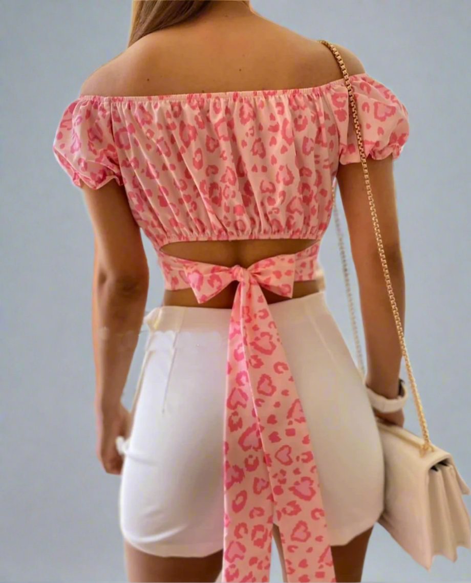 NiloBerry Animal printed off shoulder crop top with belt