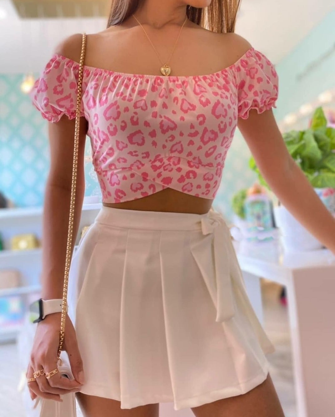 NiloBerry Animal printed off shoulder crop top with belt