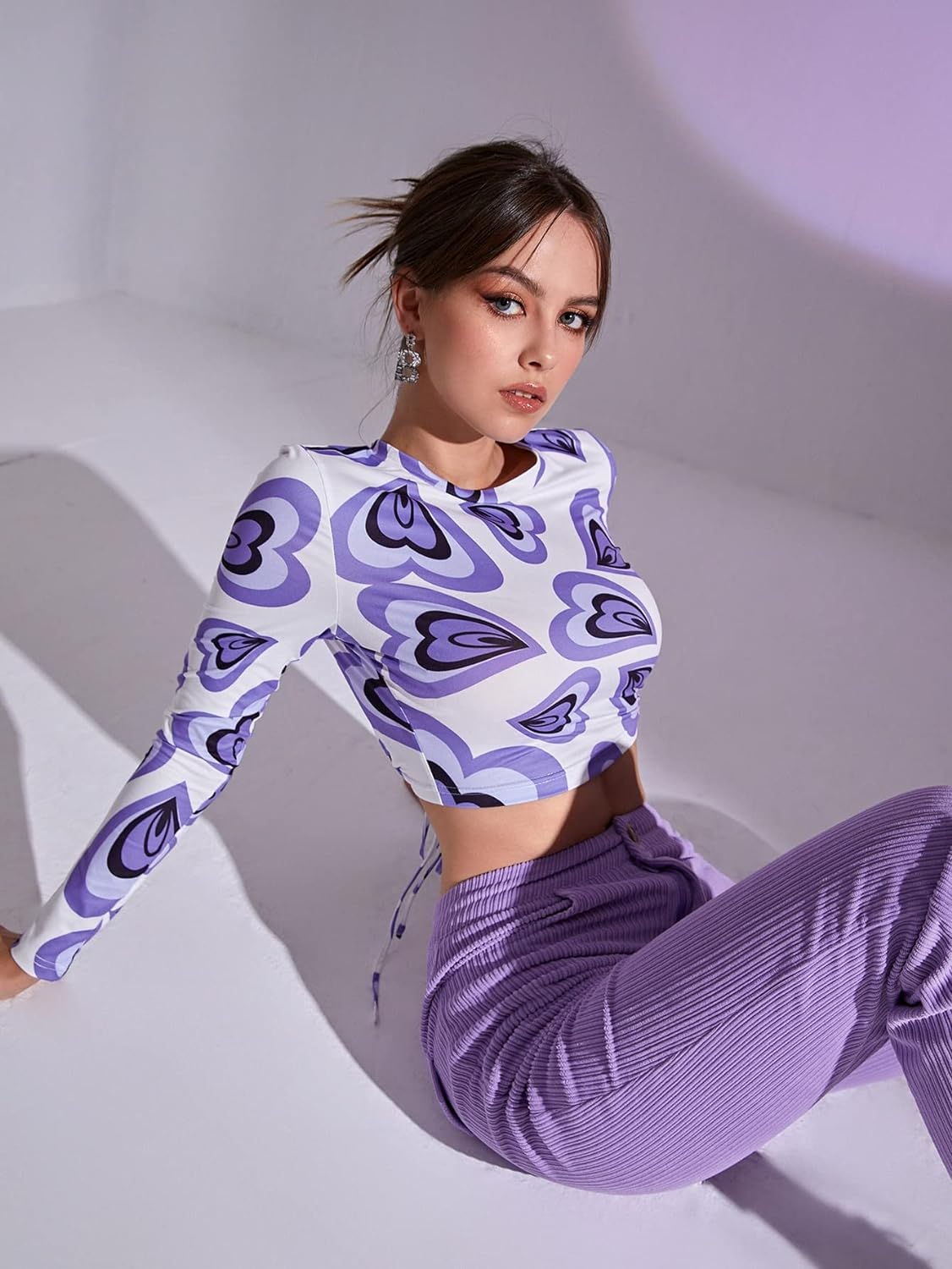 NiloBerry purple heart printed, full sleeve, crop top with back cut & tie