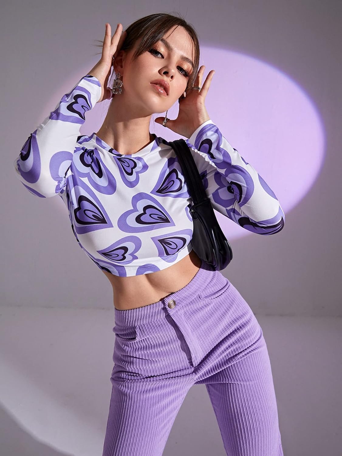 NiloBerry purple heart printed, full sleeve, crop top with back cut & tie