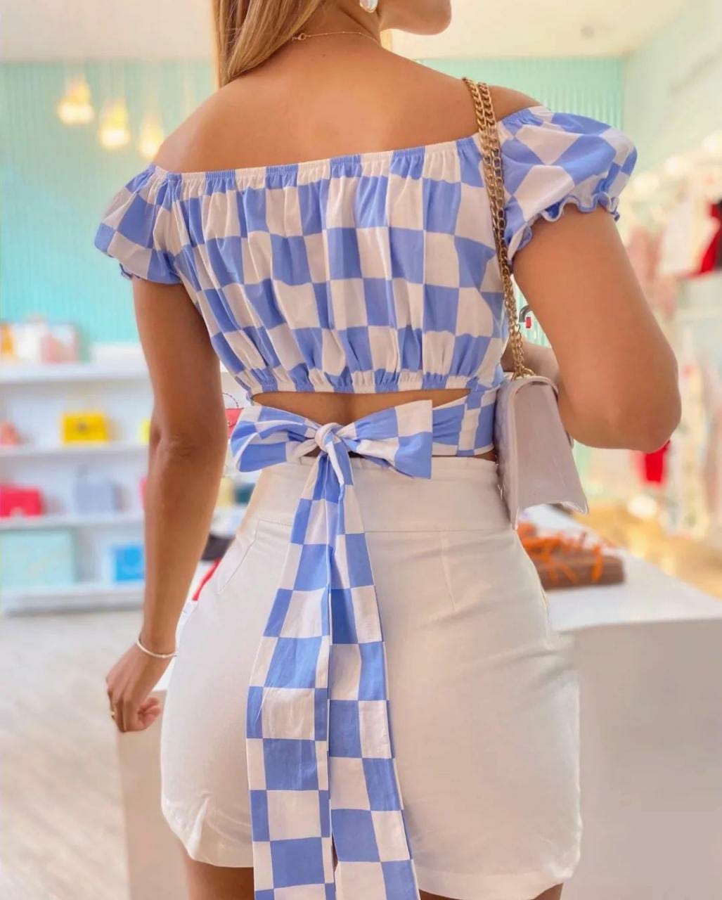 NiloBerry blue and white checks printed, back belt, off-shoulder crop top