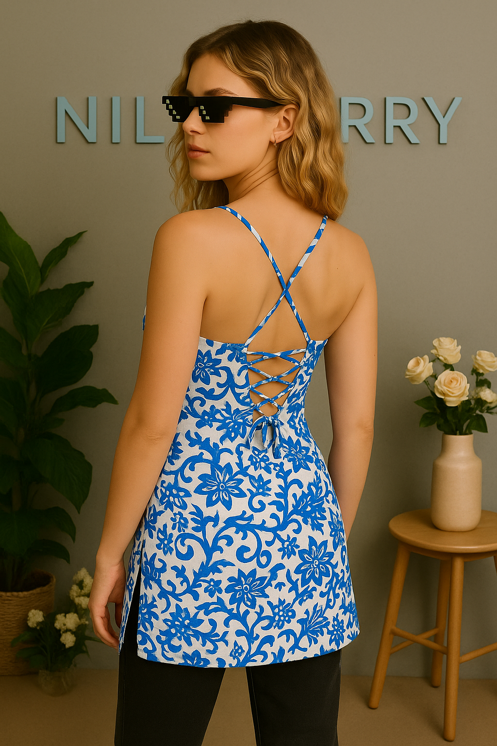 Floral Short Backless Kurti – Strappy Tie-Back Design, Sleeveless Fusion Tunic for Women and Girls