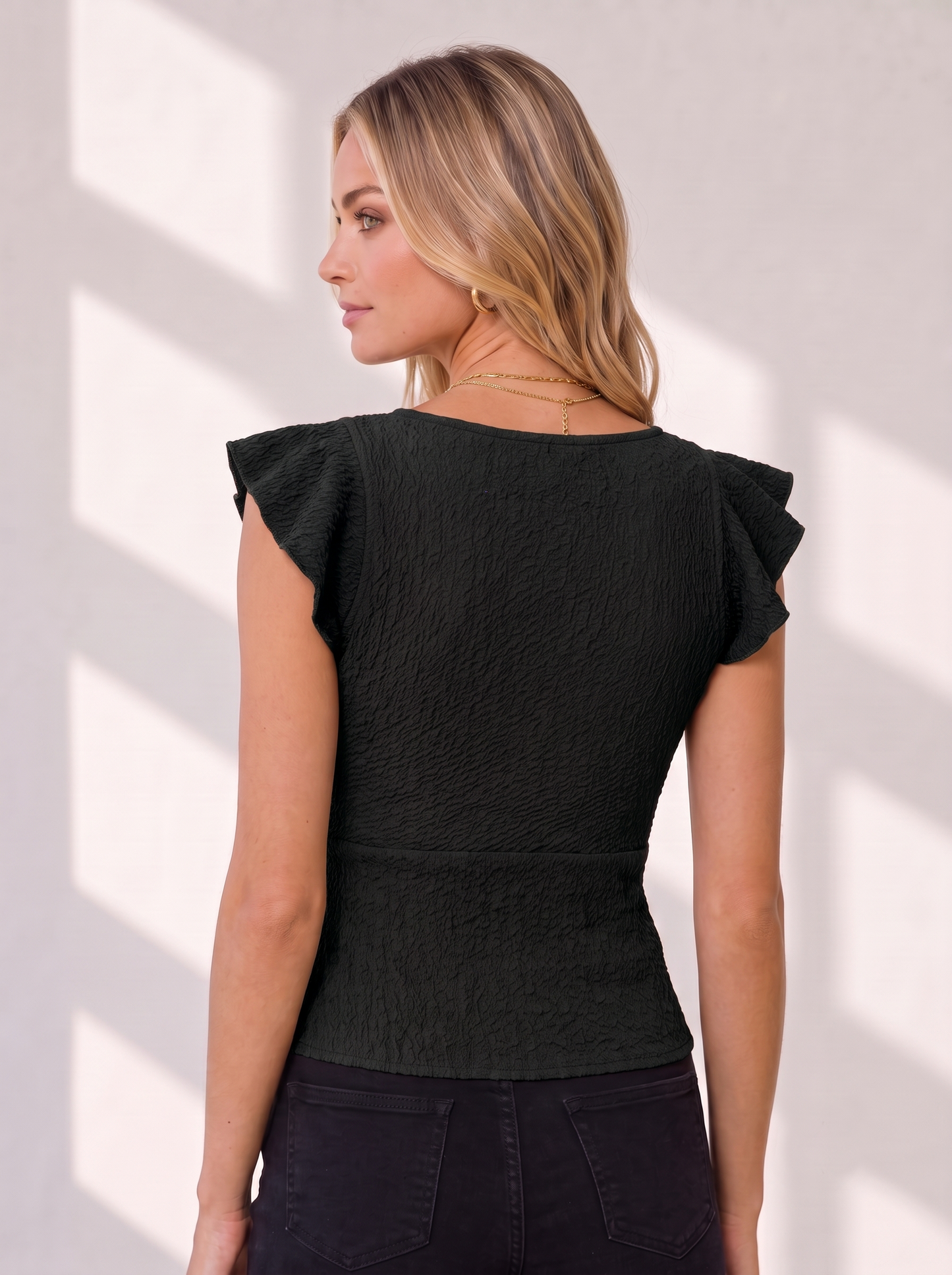 NiloBerry Women's Textured Ruched Ruffle Sleeve V-Neck Top