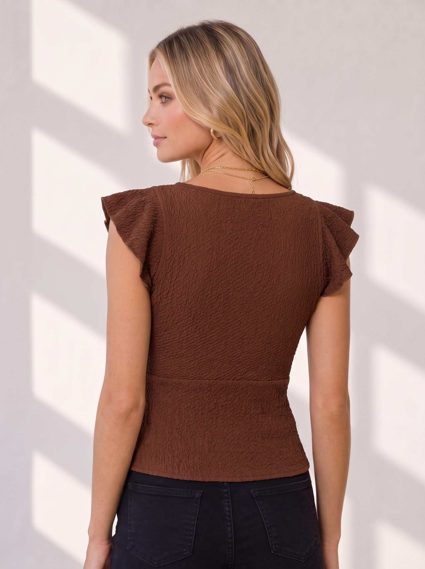 NiloBerry Women's Textured Ruched Ruffle Sleeve V-Neck Top