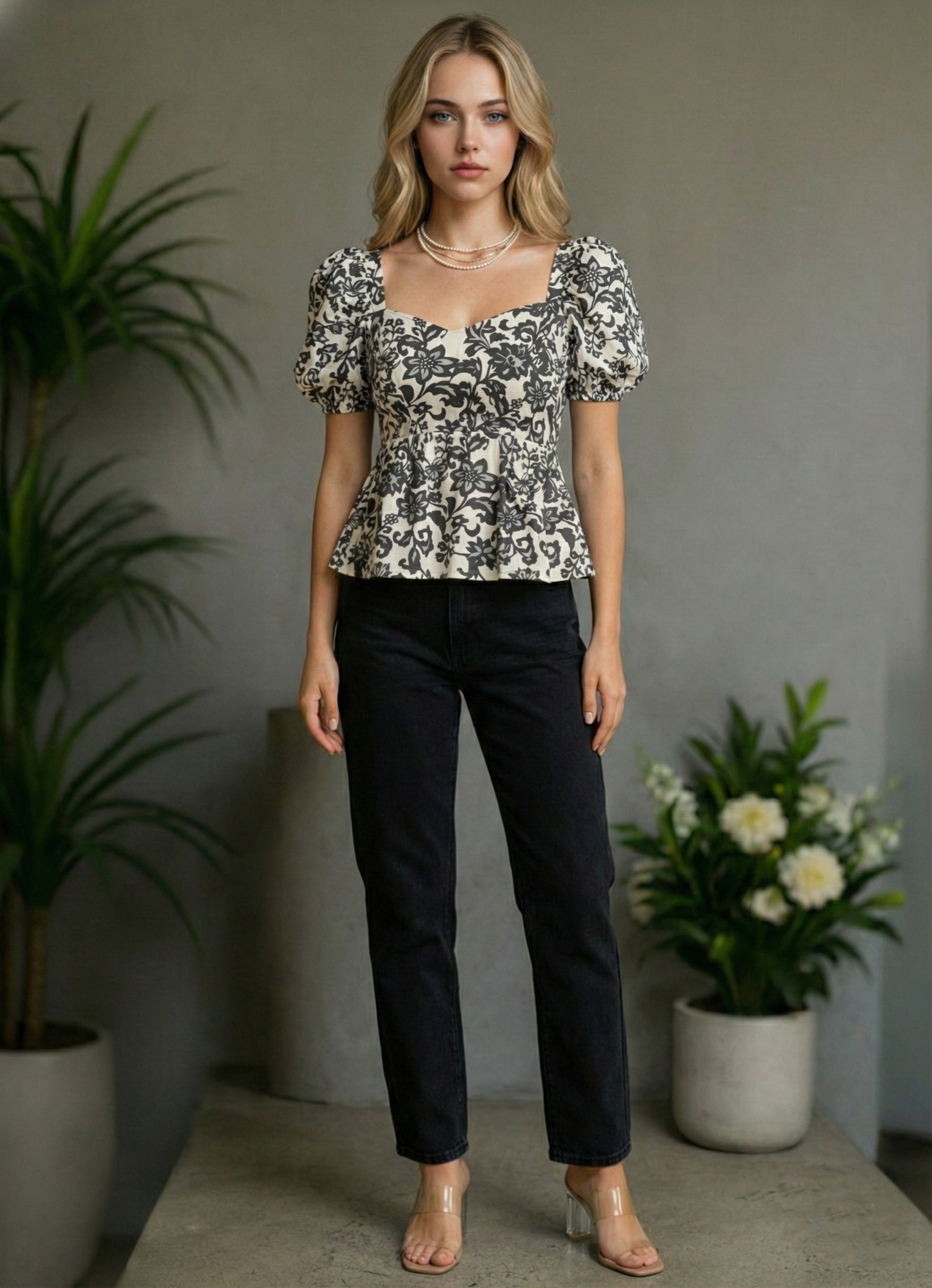 Women’s Floral Sweetheart Neck Puff Sleeve Peplum Top