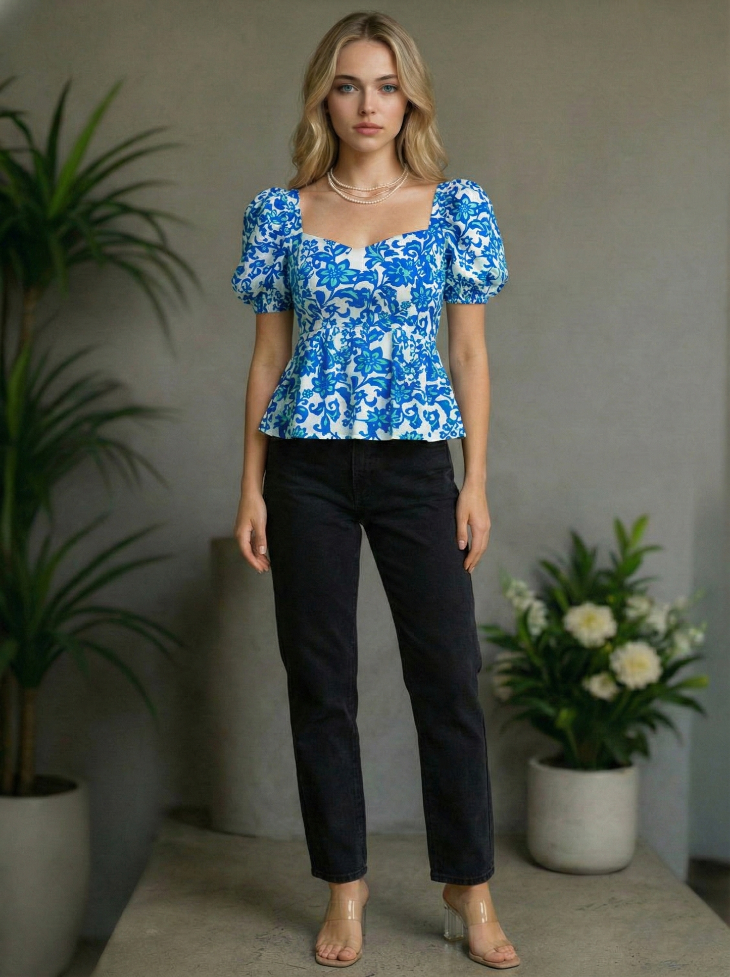 Women’s Floral Sweetheart Neck Puff Sleeve Peplum Top