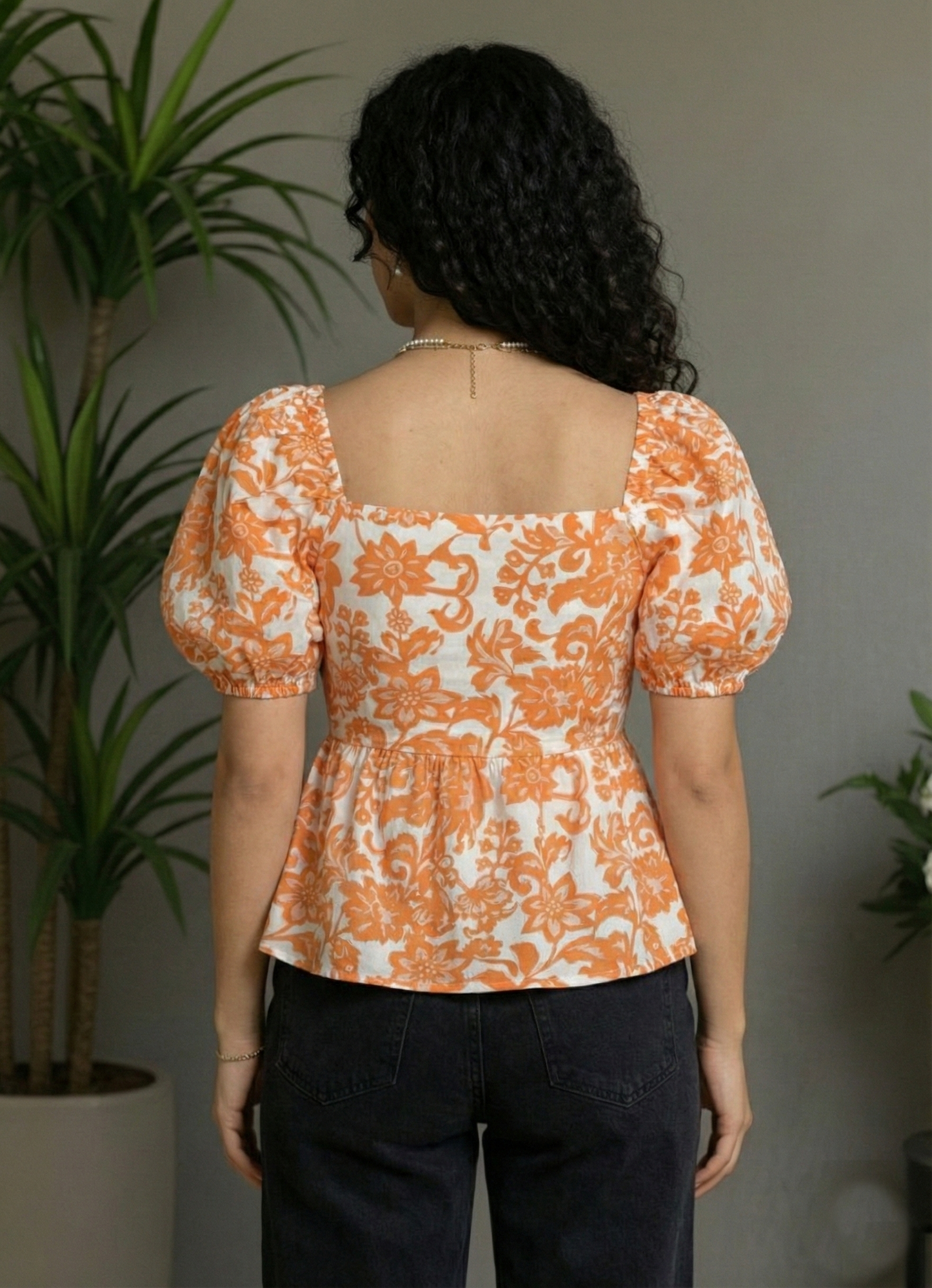 Women’s Floral Sweetheart Neck Puff Sleeve Peplum Top