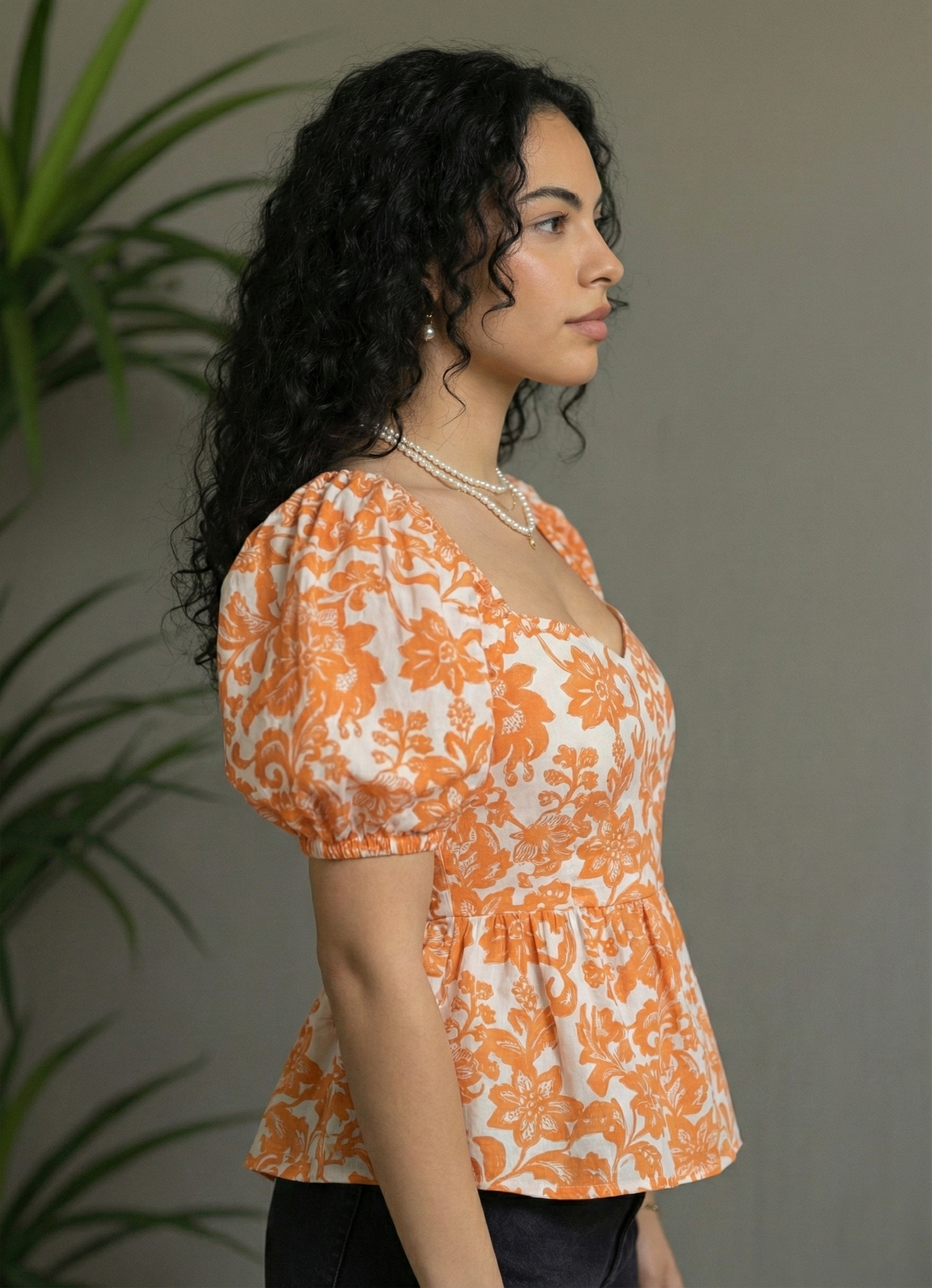 Women’s Floral Sweetheart Neck Puff Sleeve Peplum Top