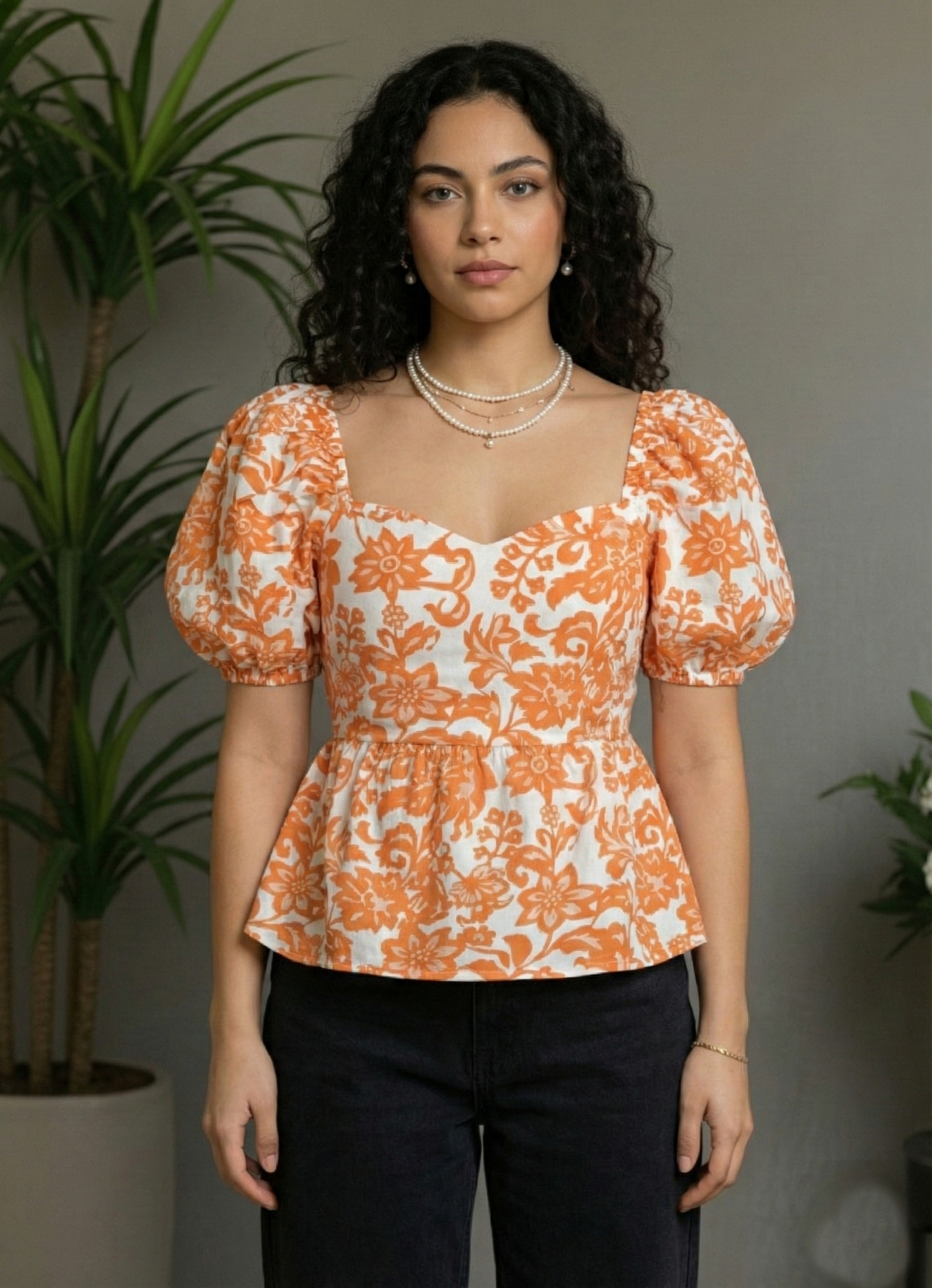 Women’s Floral Sweetheart Neck Puff Sleeve Peplum Top