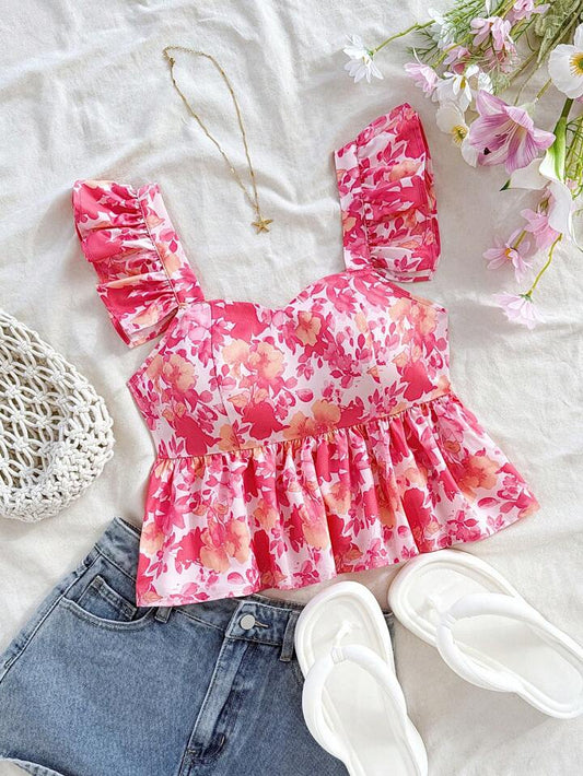 Ruffle sleeves floral printed crop top for girls