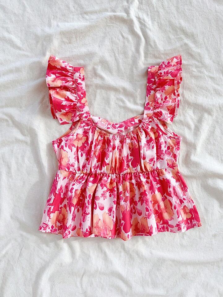 Ruffle sleeves floral printed crop top for girls