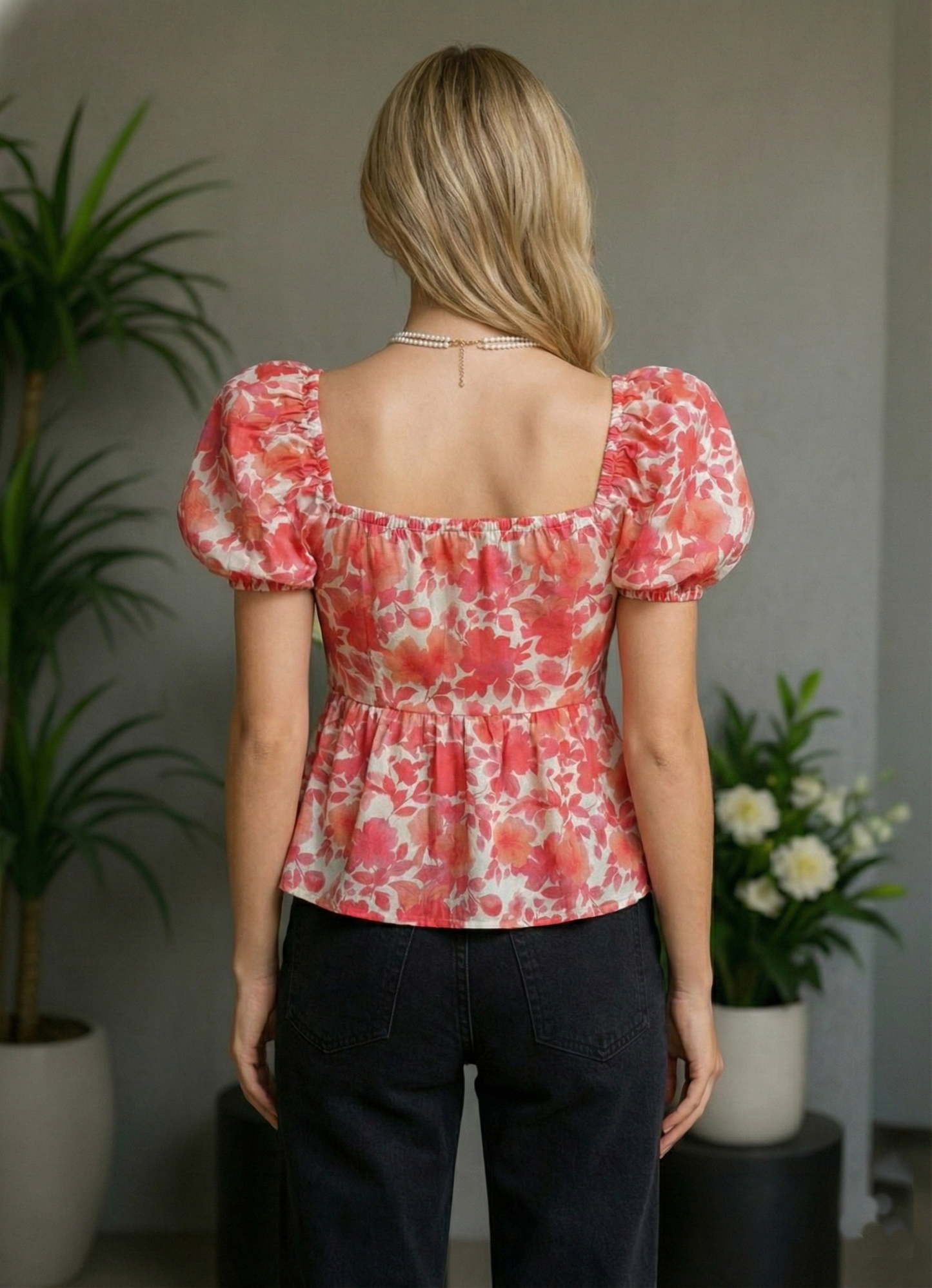 Women’s Floral Sweetheart Neck Puff Sleeve Peplum Top