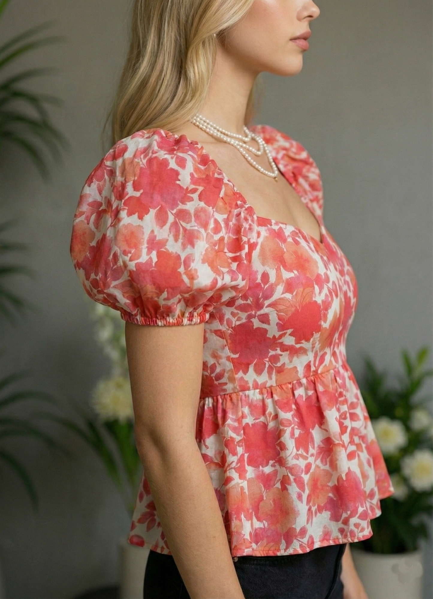 Women’s Floral Sweetheart Neck Puff Sleeve Peplum Top
