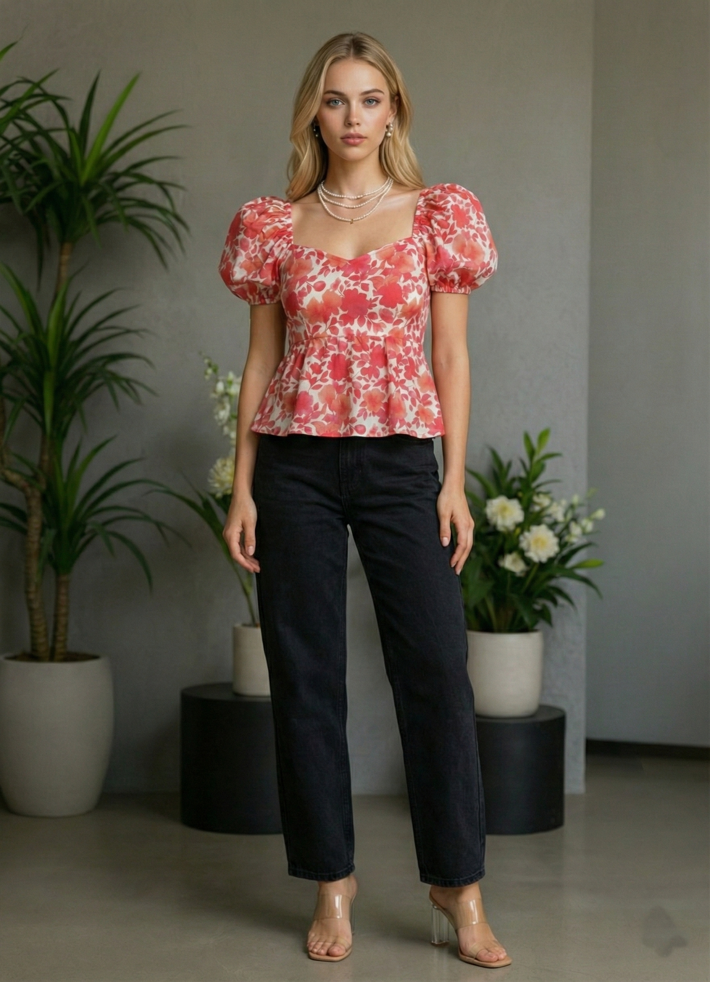 Women’s Floral Sweetheart Neck Puff Sleeve Peplum Top