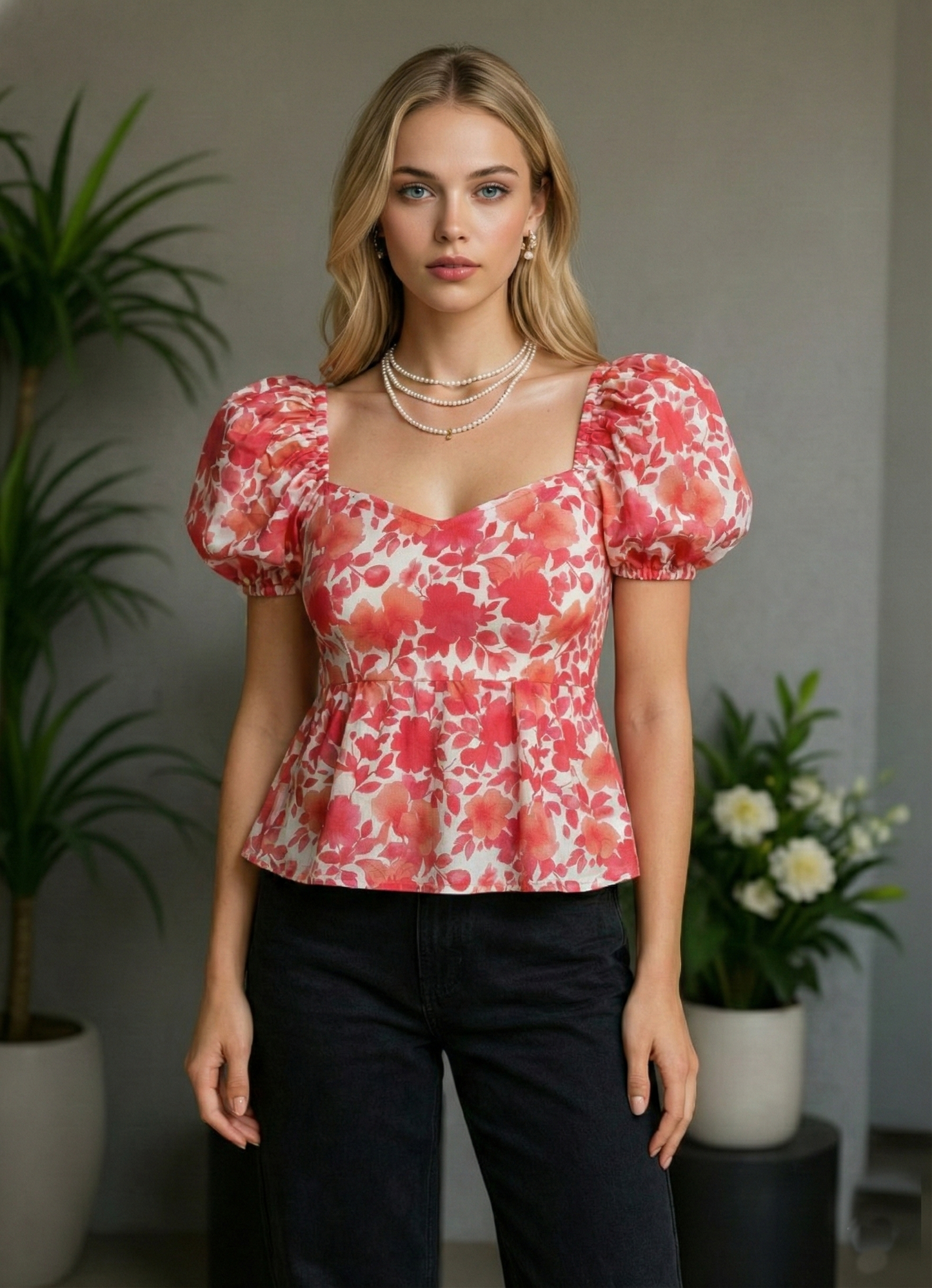 Women’s Floral Sweetheart Neck Puff Sleeve Peplum Top