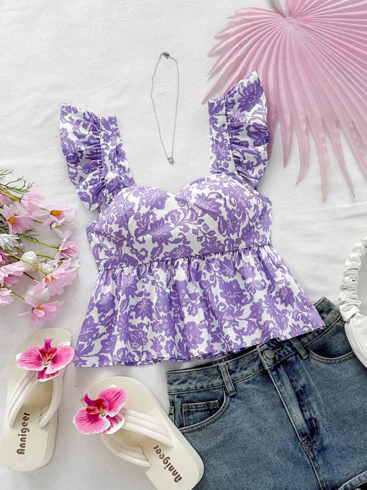 Ruffle sleeves floral printed crop top for girls