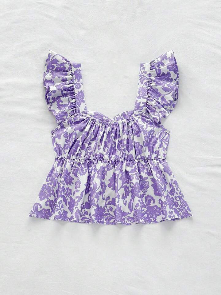 Ruffle sleeves floral printed crop top for girls