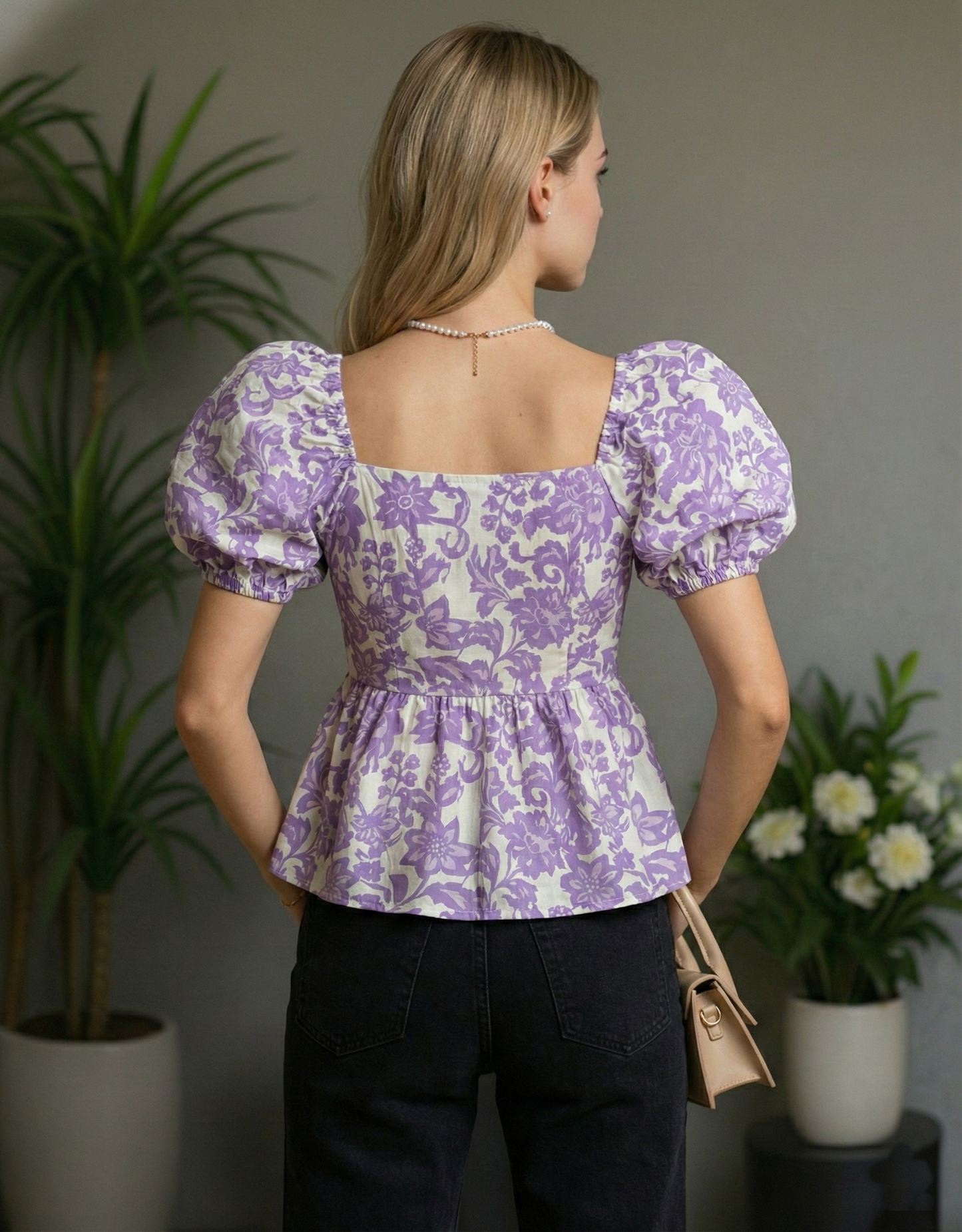 Women’s Floral Sweetheart Neck Puff Sleeve Peplum Top