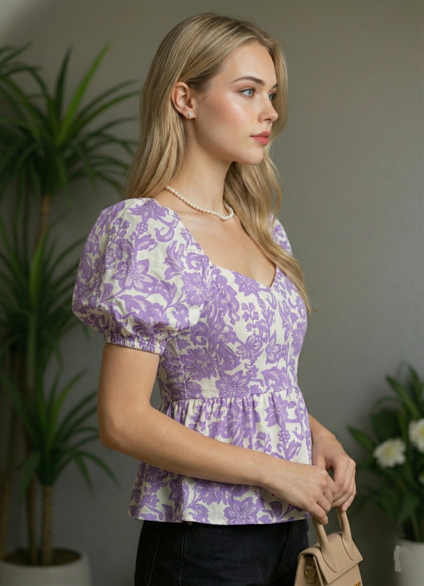 Women’s Floral Sweetheart Neck Puff Sleeve Peplum Top