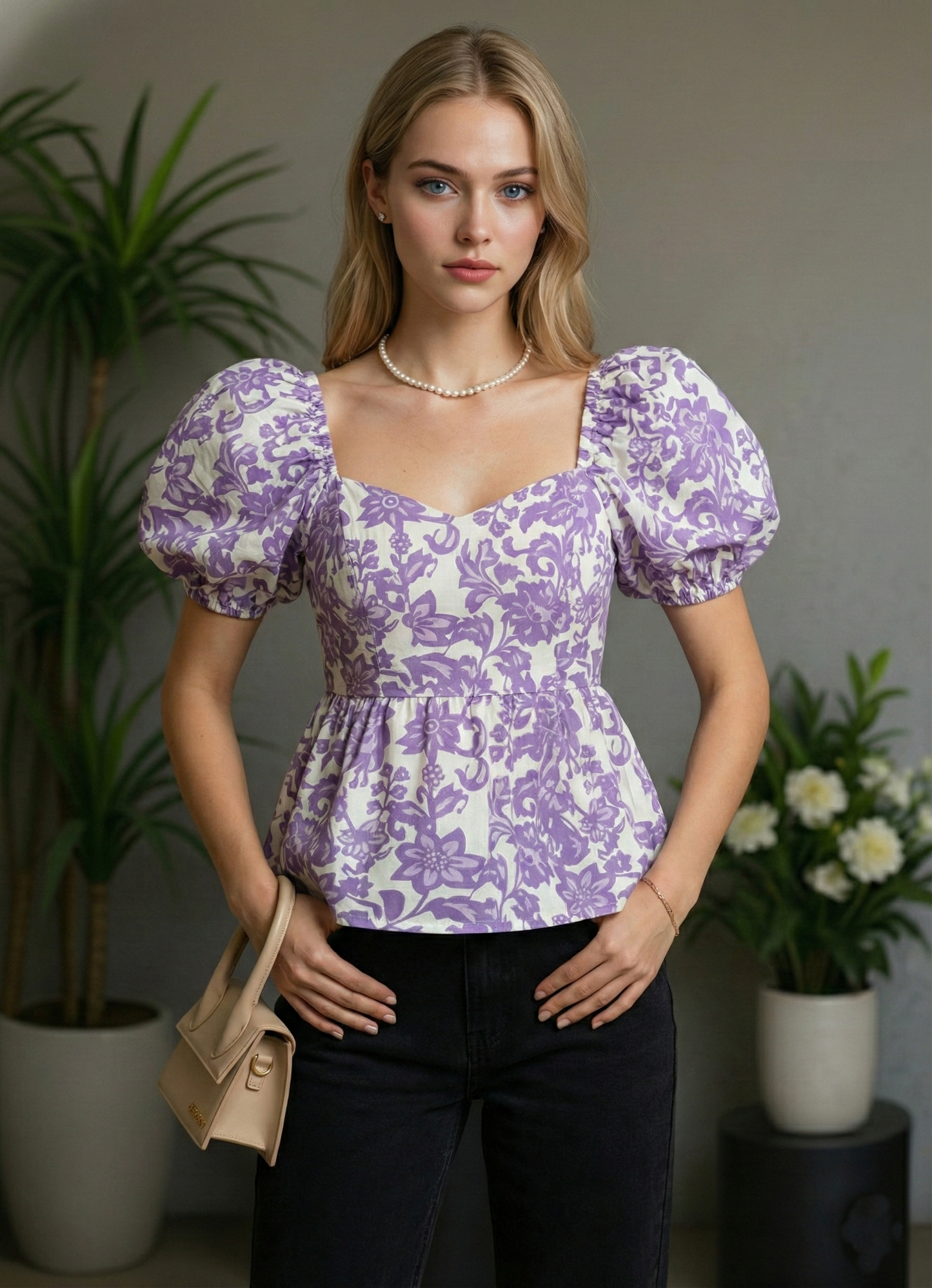 Women’s Floral Sweetheart Neck Puff Sleeve Peplum Top