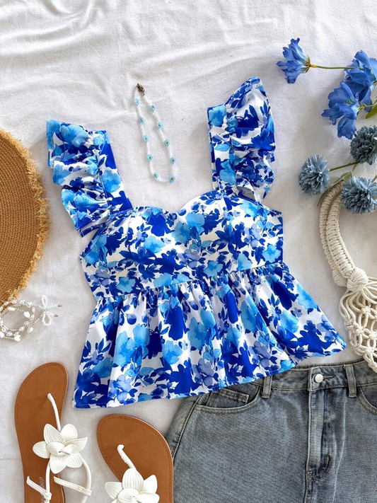 Ruffle sleeves floral printed crop top for girls