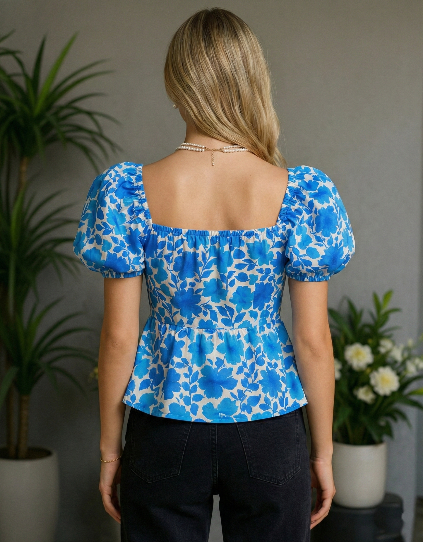 Women’s Floral Sweetheart Neck Puff Sleeve Peplum Top