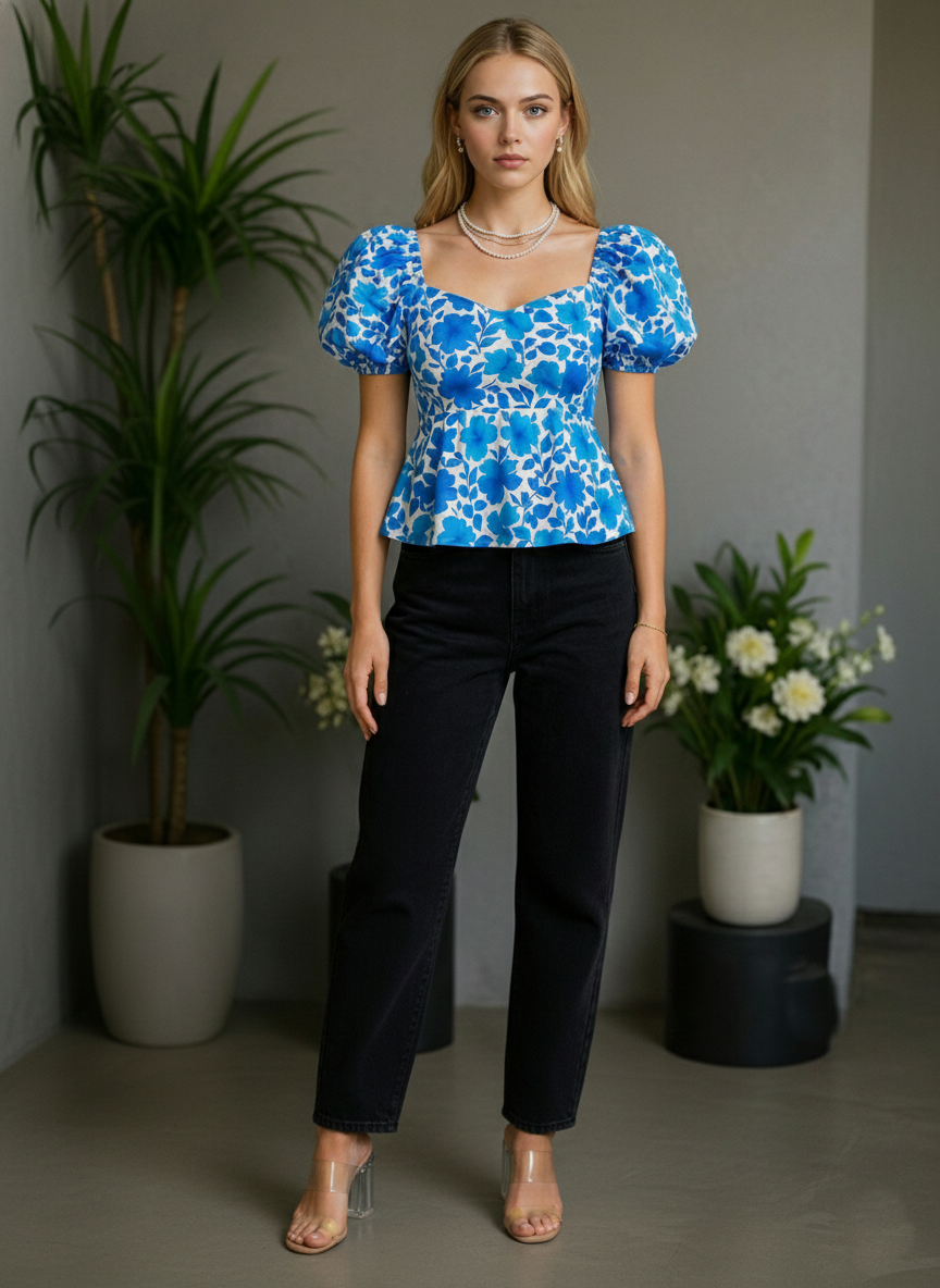Women’s Floral Sweetheart Neck Puff Sleeve Peplum Top