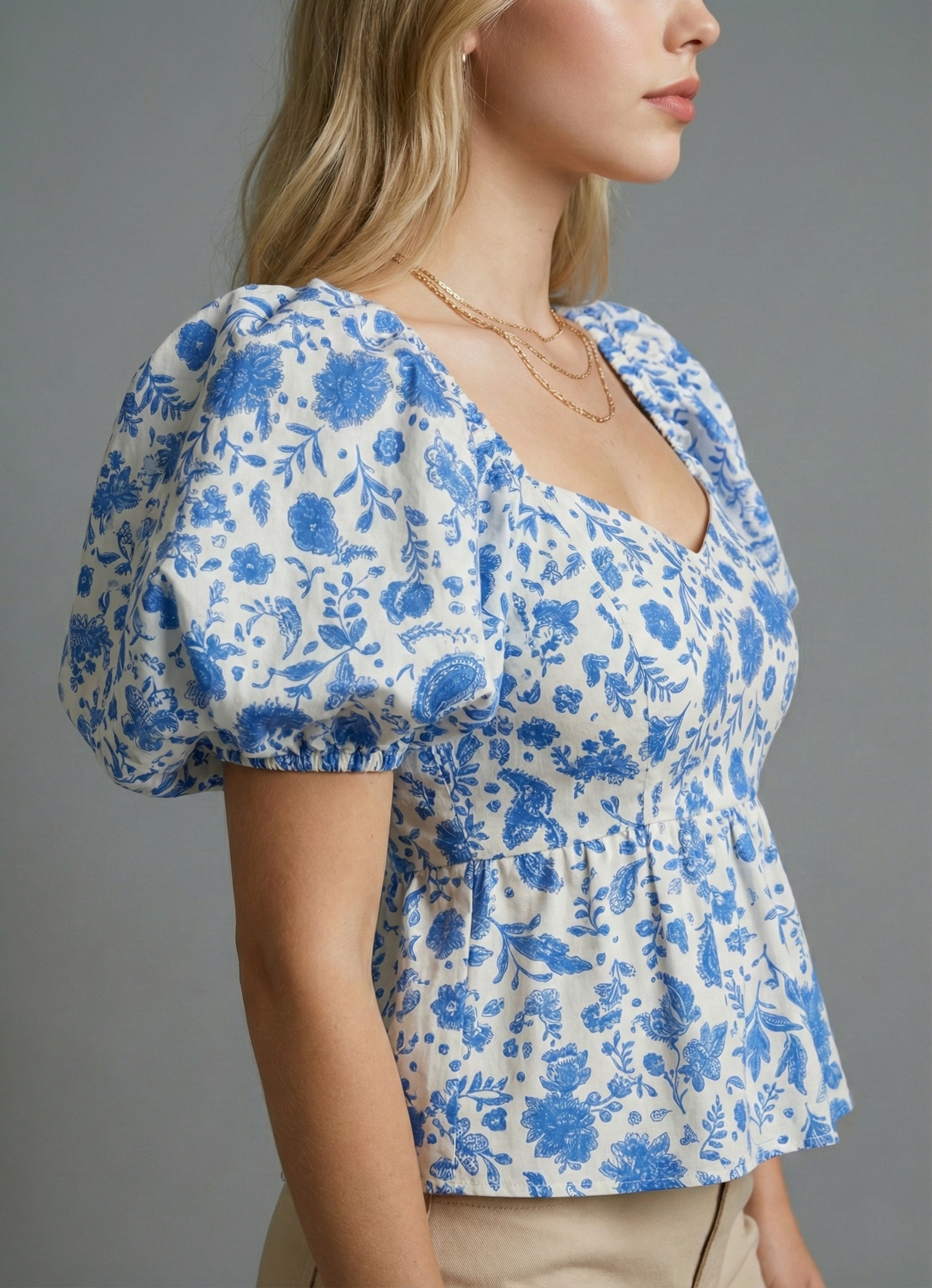 Women’s Floral Sweetheart Neck Puff Sleeve Peplum Top
