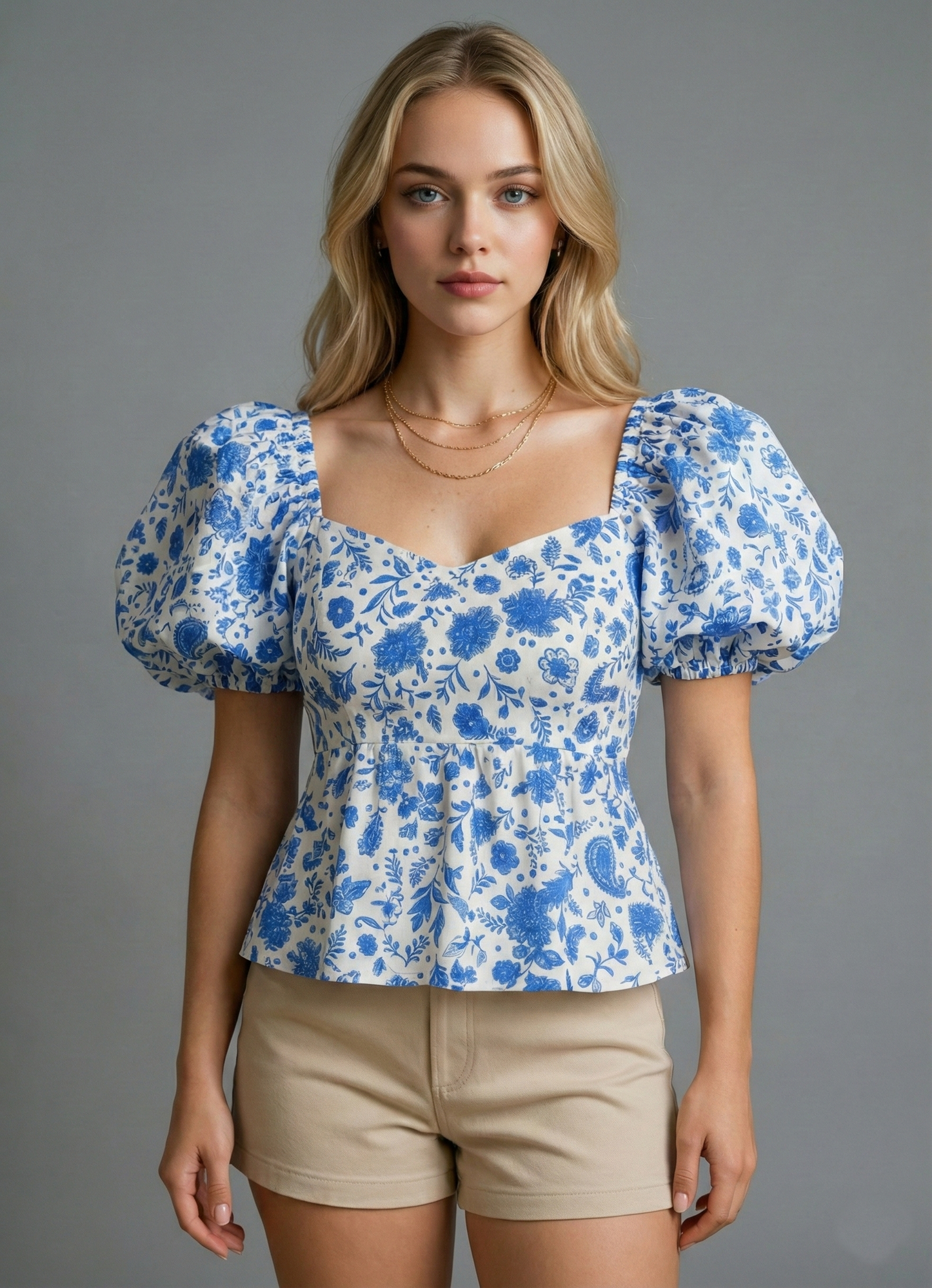 Women’s Floral Sweetheart Neck Puff Sleeve Peplum Top