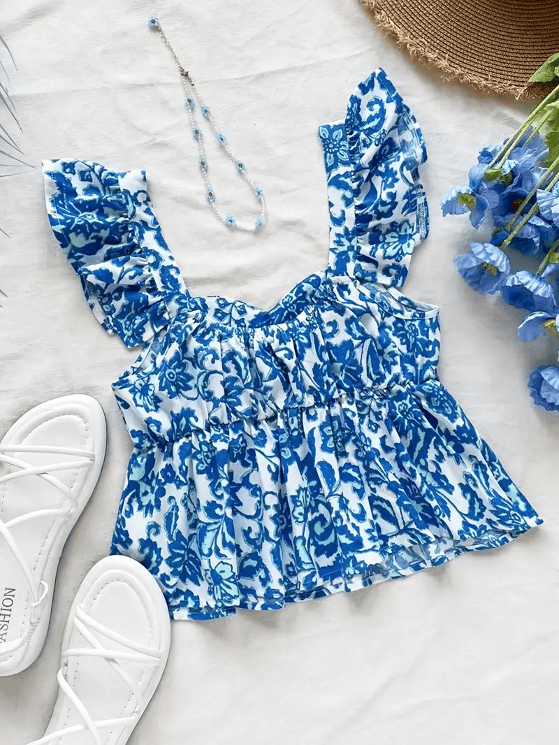 Ruffle sleeves multicolor printed crop top for girls