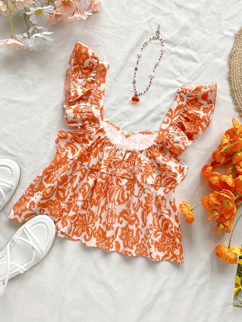 Ruffle sleeves floral printed crop top for girls