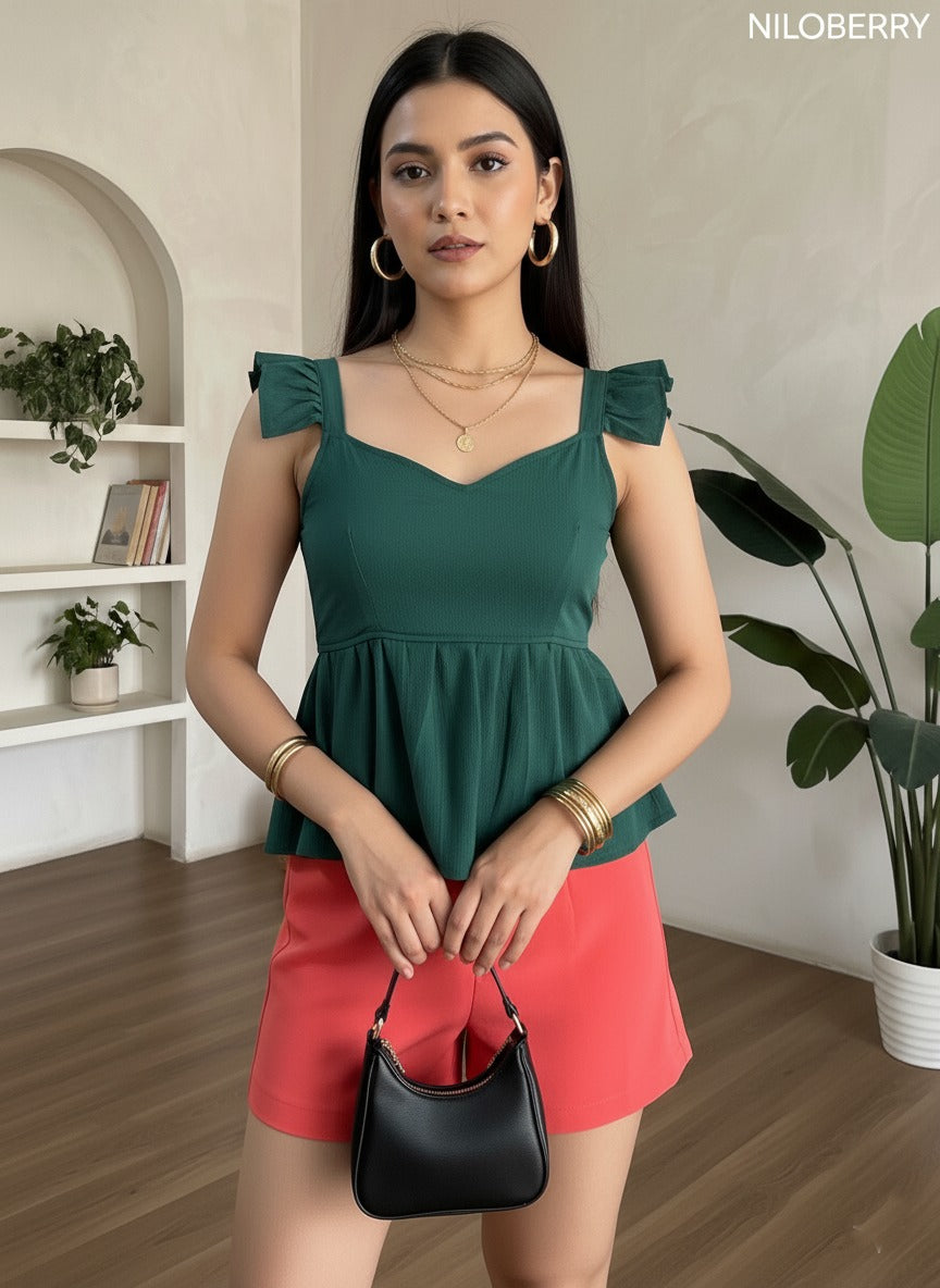 Trendy Peplum Top for Women | Stylish Sleeveless Ruffle Strap Western Top