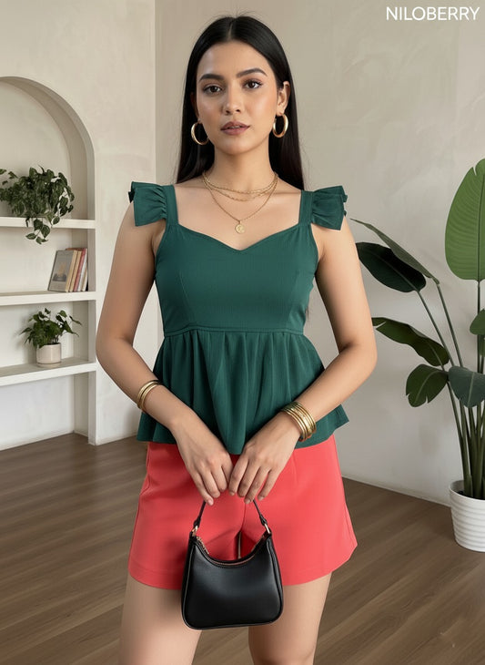 Trendy Peplum Top for Women | Stylish Sleeveless Ruffle Strap Western Top