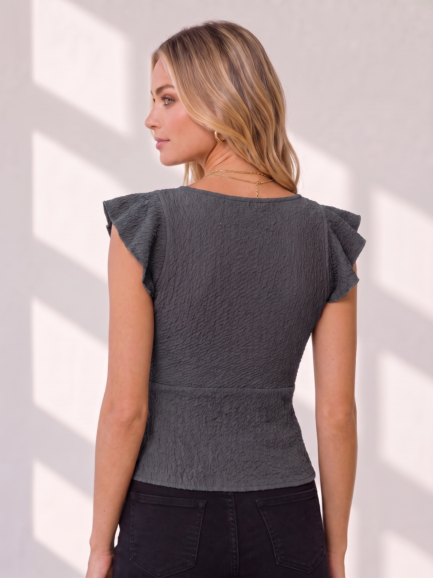 NiloBerry Women's Textured Ruched Ruffle Sleeve V-Neck Top
