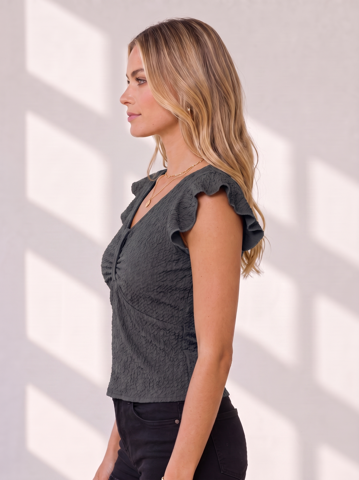 NiloBerry Women's Textured Ruched Ruffle Sleeve V-Neck Top