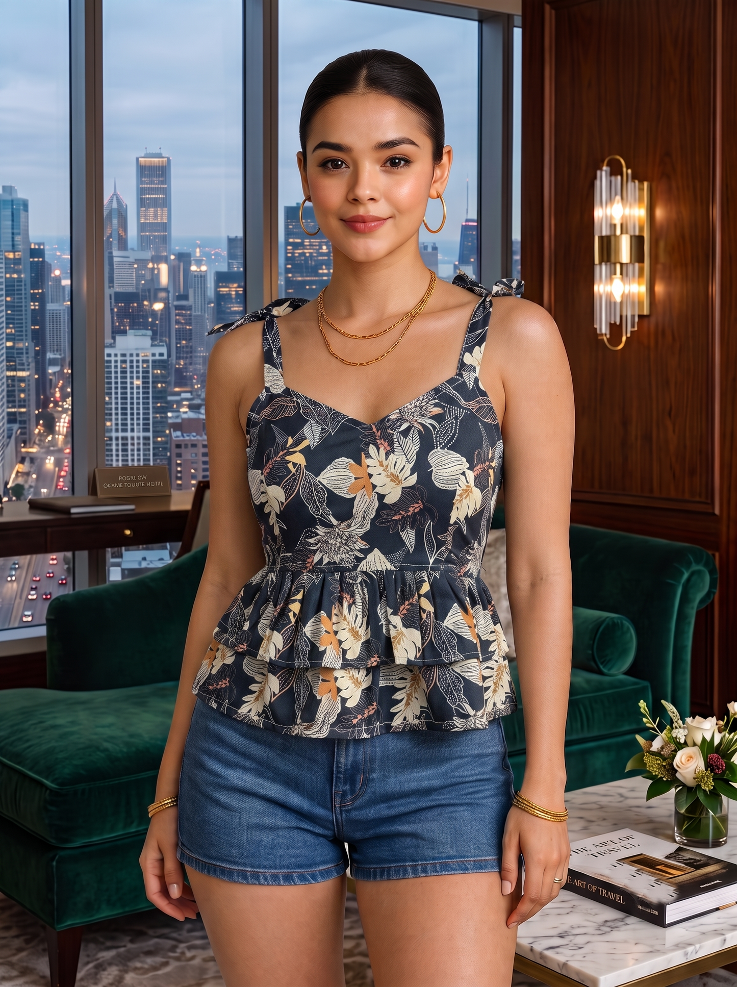 NiloBerry Women's Rayon Floral Printed Tie-Strap Peplum Top