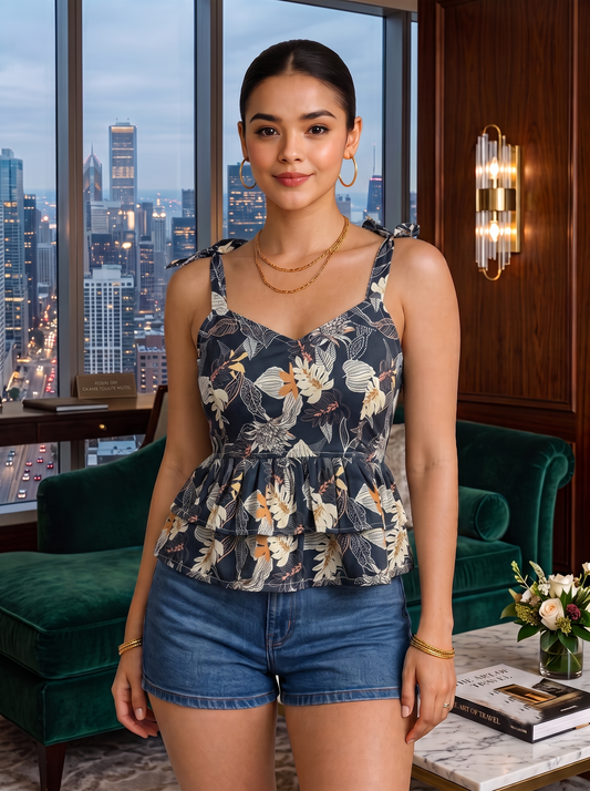 NiloBerry Women's Rayon Floral Printed Tie-Strap Peplum Top